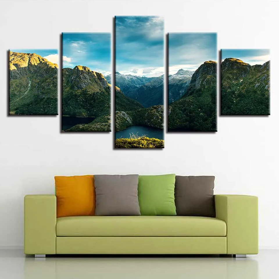 Wall Decor HD Printing Framework Modular Canvas Pictures Art 5 Pieces Green Mountain Lakes Beautiful Landscape Posters Paintings | Дом и сад