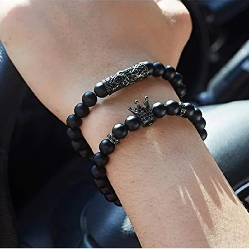 Black Matte Beads Bracelets 8mm Onyx Stone Sets Charm King Crown for Women Men Jewelry pulseras mujer para hombre | Украшения и