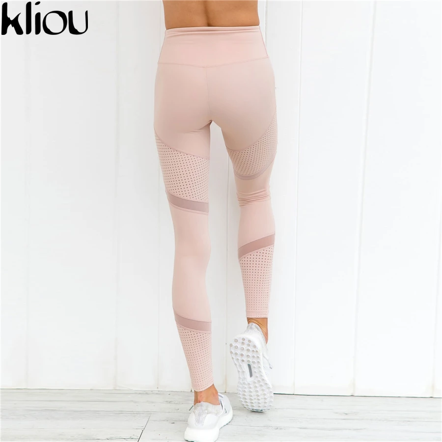 Kliou Новые женские модные длинные однотонные облегающие спортивные леггинсы штаны с прозрачными сетчатыми вставками