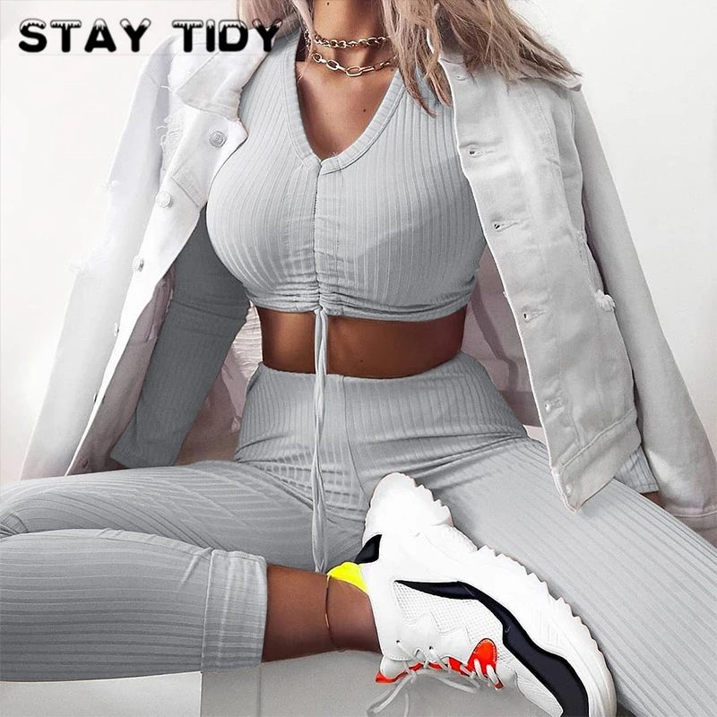 STAY TIDY/серый вязаный женский комплект из 2 предметов укороченный топ со шнуровкой