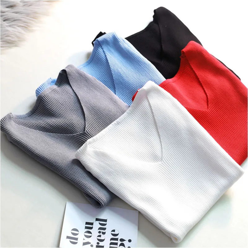 Базовая Летняя вязаная футболка с V-образным вырезом женская короткими рукавами