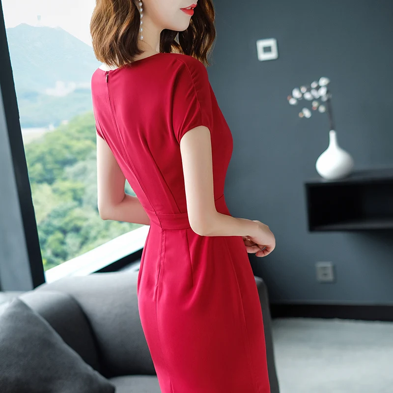2018 осеннее Новое красное платье женское до колена тонкое элегантное для