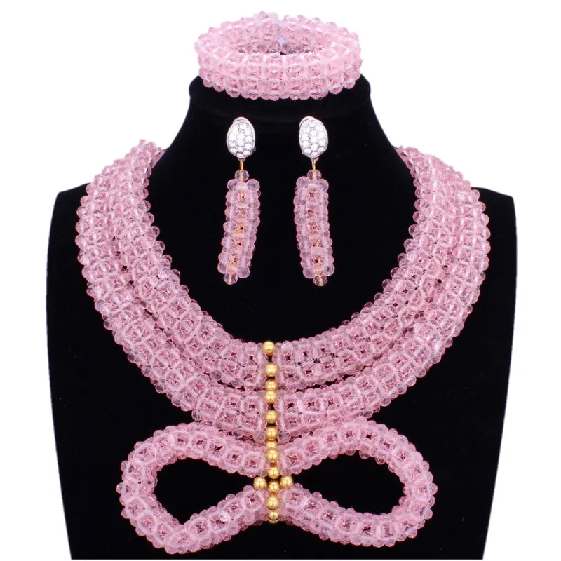 2018 Newest Jewelry Wedding Sets For Brides Pink Necklace Pendant With Gold Beads Costume Nigerian Wedding Necklace Set Fashion