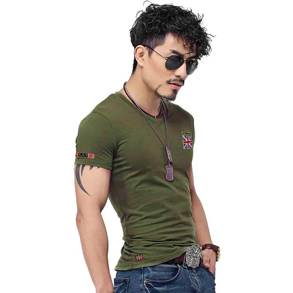 Мужская хлопковая футболка с V образным вырезом вышивкой|flag t shirt|brand shirt ment men |