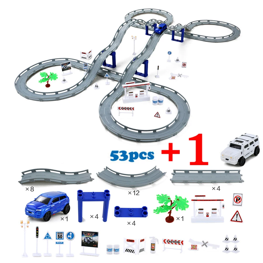 53 pcs with 2 cars DIY multi-track Rail автомобильный Строительный блок Набор железнодорожных поездов, спиральный трек горки электрические автомобильные развивающие сборочные игрушки - Цвет: 53 pcs with 2 cars