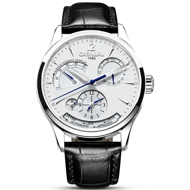 Silver White Карнавальные автоматические механические часы, многофункциональные, с календарем, водонепроницаемые, светящиеся, мужские часы, Лидирующий бренд, Роскошные, энергетический дисплей - Цвет: Silver White