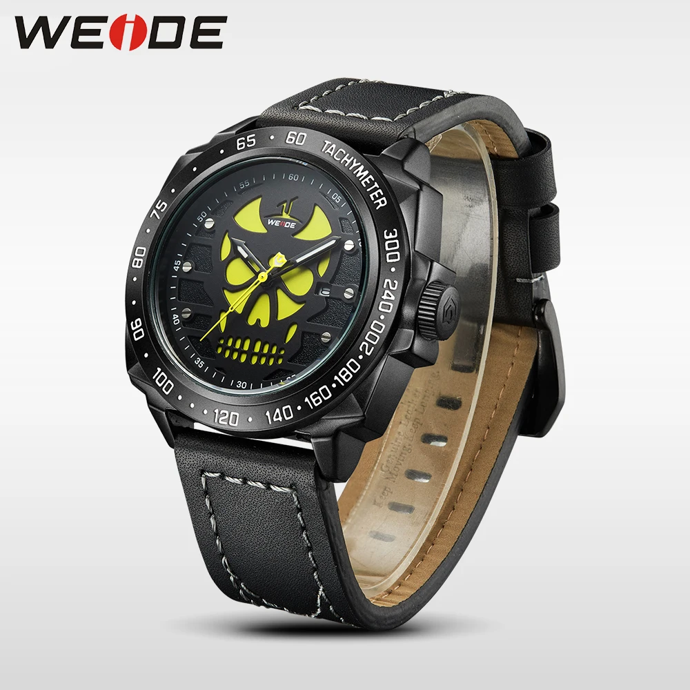WEIDE Black Watch Men Casual Leather Strap Quartz Yellow Dial Analog Display Water Resistant Big Fashion High Quality Male Clock | Наручные