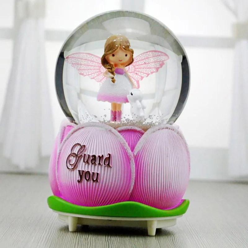 Розовый Cute Flower Bud Angel Automatic Floating Snow Crystal Ball Music Box Rotating Music Box with Light Figurines Creative Girl Gifts - Цвет: Розовый