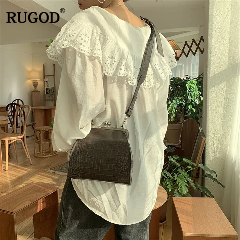 Женская кружевная блузка RUGOD белая Свободная с длинным рукавом-фонариком