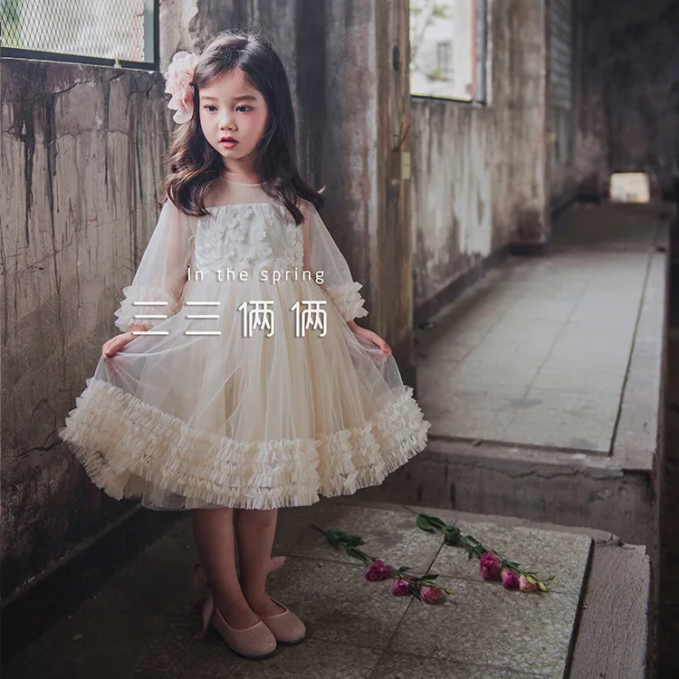 2019 spring Korean cute princess fluffy mesh dress 7 points puff sleeve transparent | Детская одежда и обувь