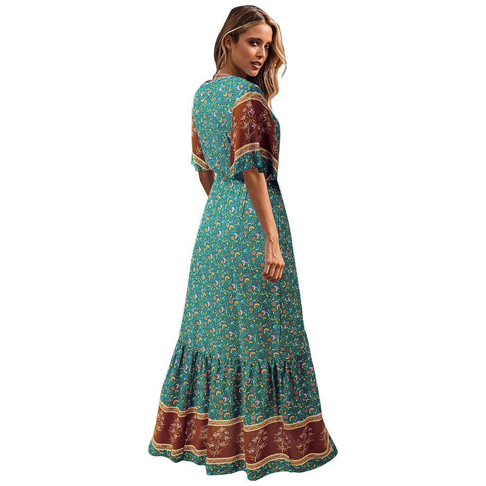 Элегантное женское платье-трапеция с принтом весна-лето 2019 ремешками и коротким