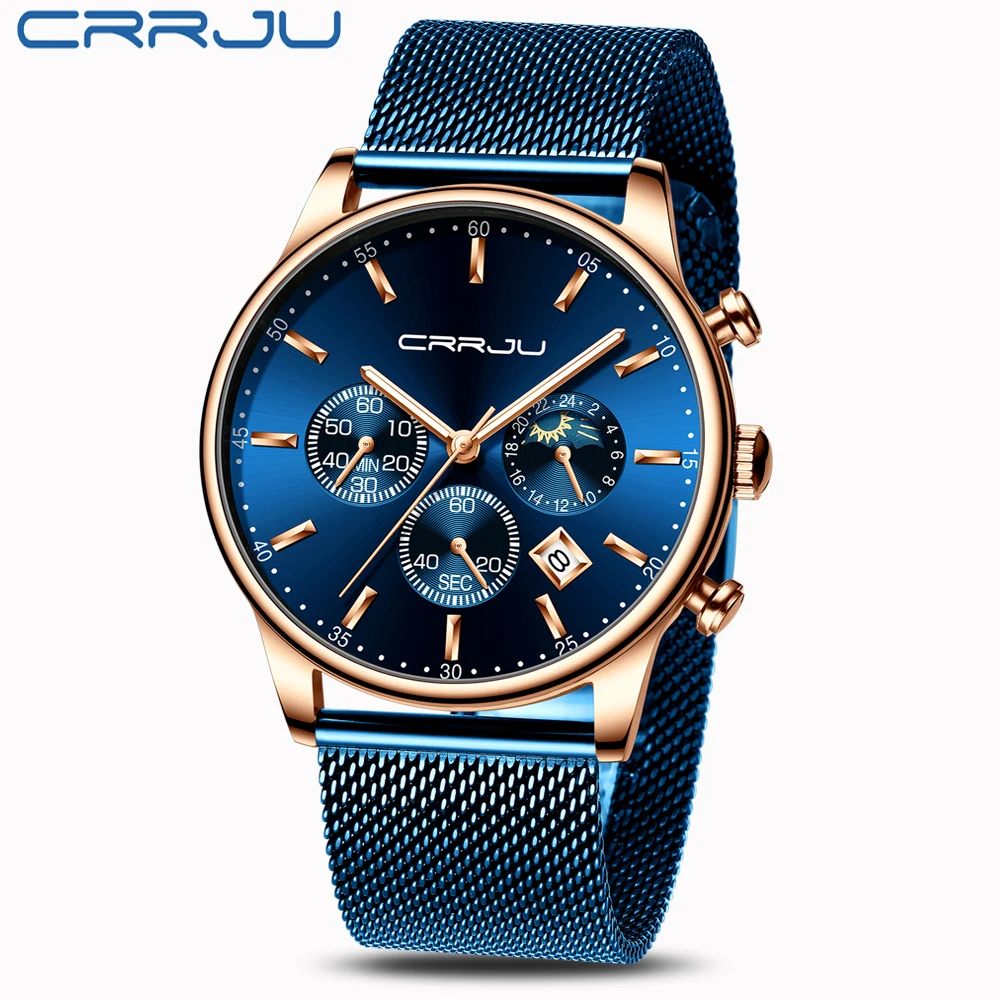 

CRRJU New Blue Casual Watches Top Brand Luxury Watches Fashion Quartz Gold Watch Men Waterproof Wristwatch relogio masculino