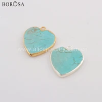 borosa 10pcs new arrival heart gold plating blue howlite charm silver plated turquoises pendant beads jewelry for necklace g1781
