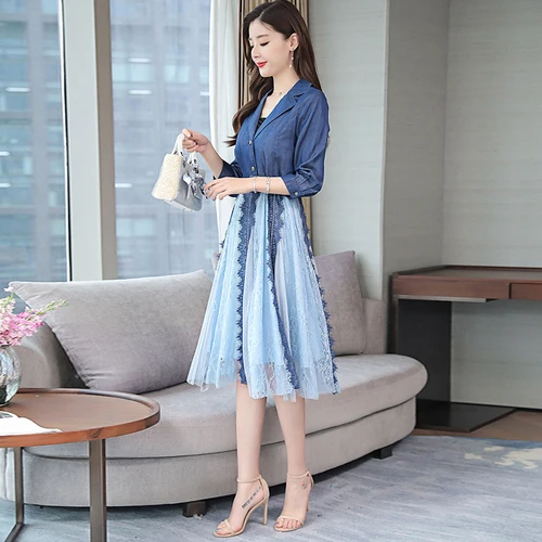 Винтажное платье-комбинезон с нашивками для офисных леди, женская сетчатая кружевная джинсовая синяя платье с высокой талией и прозрачными платьями на подиуме.