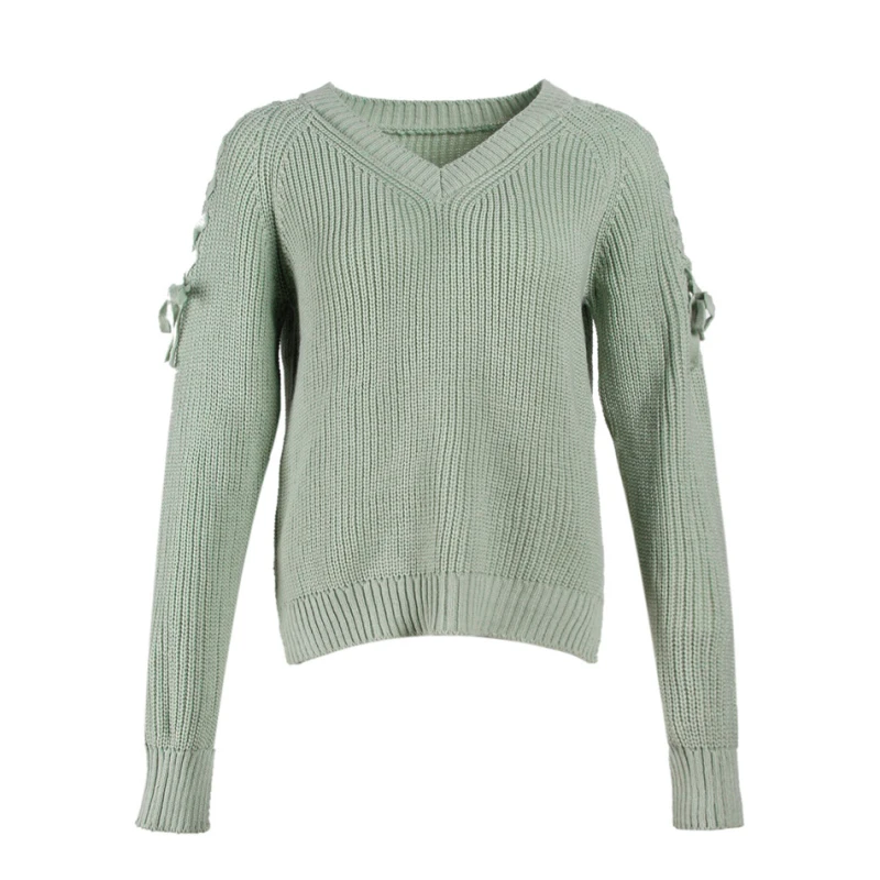 Off The Shoulder Sweater Women Fashion Lace Up V-Neck Hollow Out Long Sleeve Knitted Pullover Loose Tops | Женская одежда