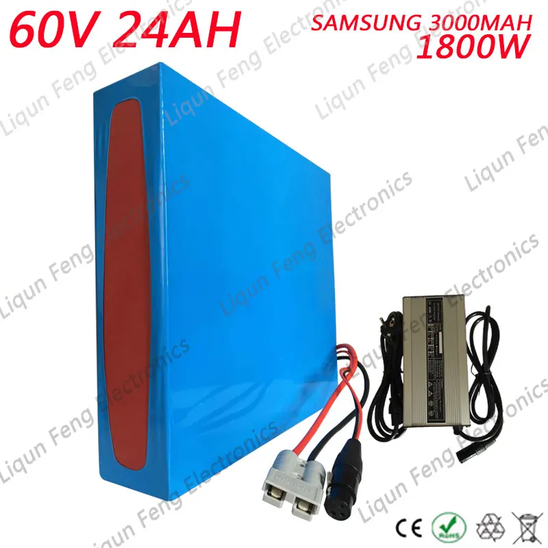 Rechargeable 1800W 60V Ebike Battery 24AH Lithium battery E-Bike Use samsung 3000MAH cell 30A BMS 2A Charger | Спорт и развлечения