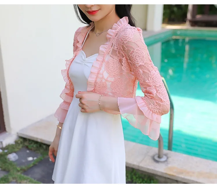 Pink blouse Лето, кружевная женская блузка, Ажурные кружевные кроше Короткие топы, кардиган, шаль, жилет, blusas femininas T91591 - Цвет: Pink blouse