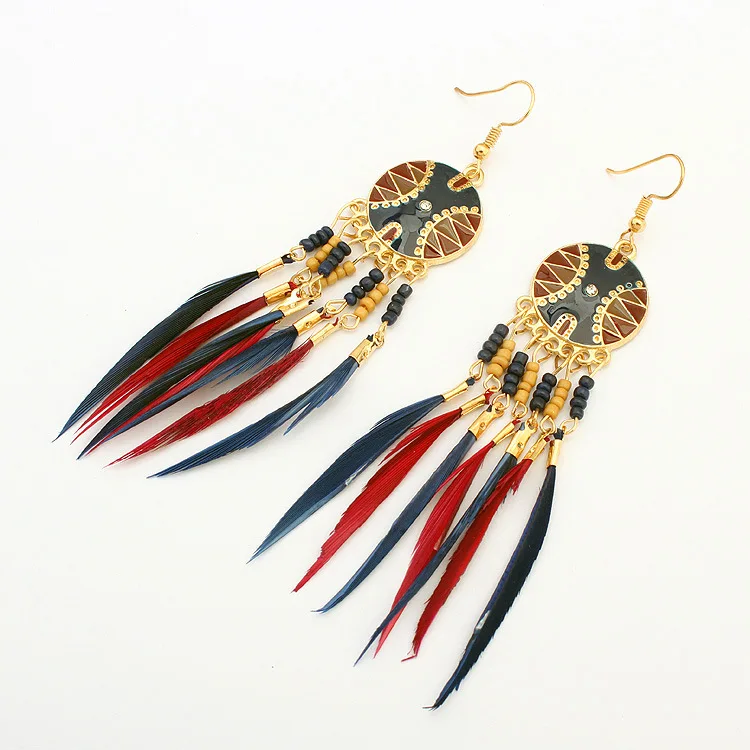 New Vintage Indian Ethnic Style Jewelry Bohemia Boho Earrings Colorful Enamel Beads Long Feather Tassel Drop Brincos | Украшения и