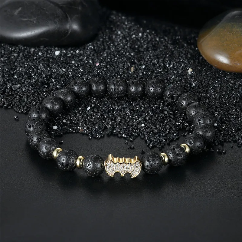 Brand Fashion Natural Beads Strand Bracelet Micro Pave CZ Black Bat Crown 8MM Lava Rock Stone Energy Men Buddha Bracelets homme | Украшения