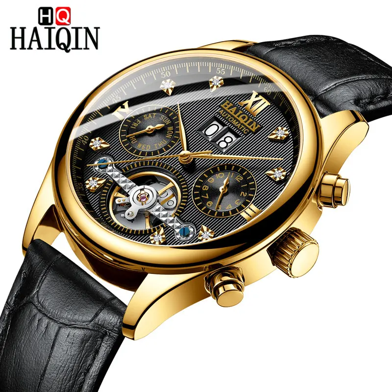 Black-gold-L HAIQIN Мужские часы Роскошные деловые автоматические механические часы мужские кожаные водонепроницаемые мужские наручные часы ch календарь с автоматическим заводом часы - Цвет: Black-gold-L