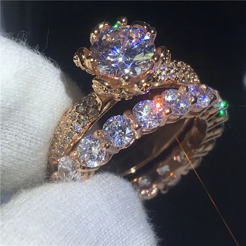 ring set Choucong модный набор колец с цветами, 3ct, прозрачный 5А, циркон, Cz, розовое золото, заполнено 925 серебром, обручальное кольцо, кольца для женщин, подарок - Цвет основного камня: ring set