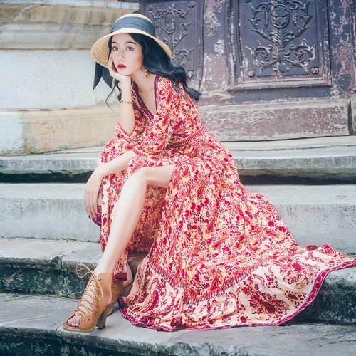 Женское модное платье с v образным вырезом высоким разрезом цветочное богемное