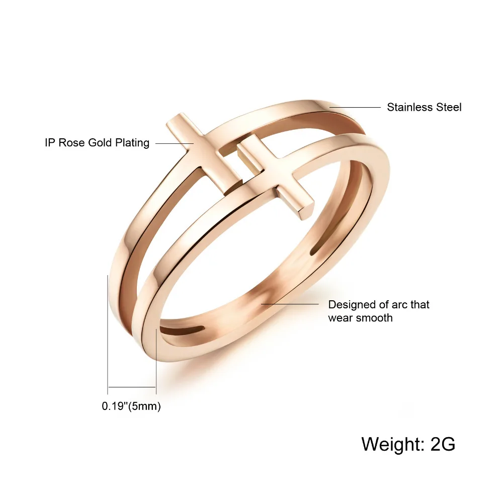 Кольца из нержавеющей Стали Двойной Слой Крест Дизайн Розовое Золото Женщины