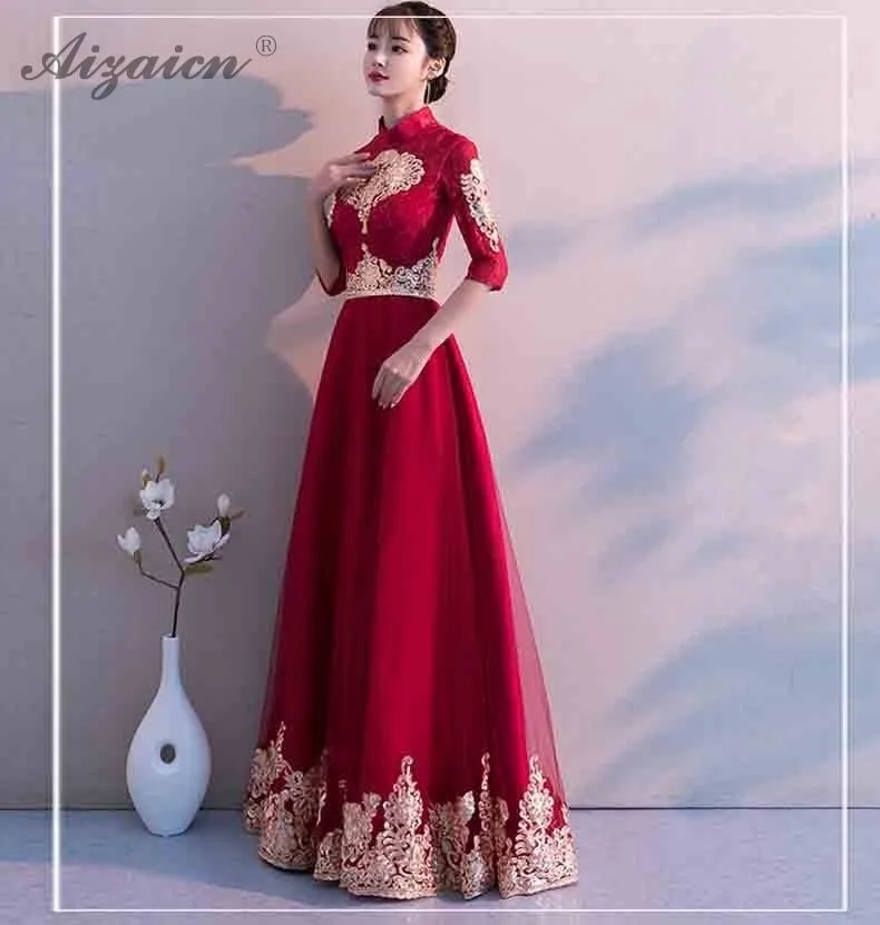 Chinoise Вечерние платья Длинные Qipao Свадебные невесты вышивка красный Традиционный ченсам китайское платье одежда Вечерние платья