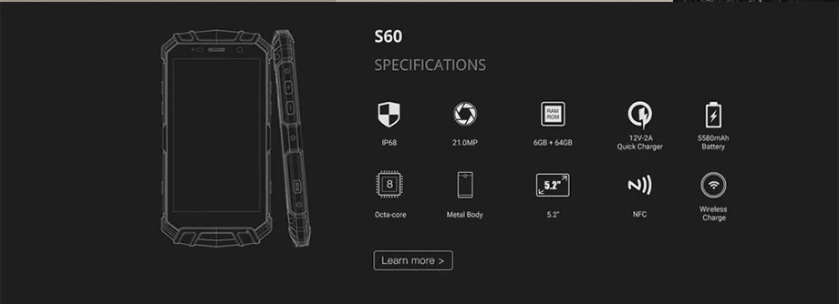 IP68 DOOGEE S60 6 ГБ ОЗУ 64 Гб беспроводной зарядки смартфон MTK Helio P25 Восьмиядерный Android 7,0 5580 МП мАч водонепроницаемый мобильный телефон