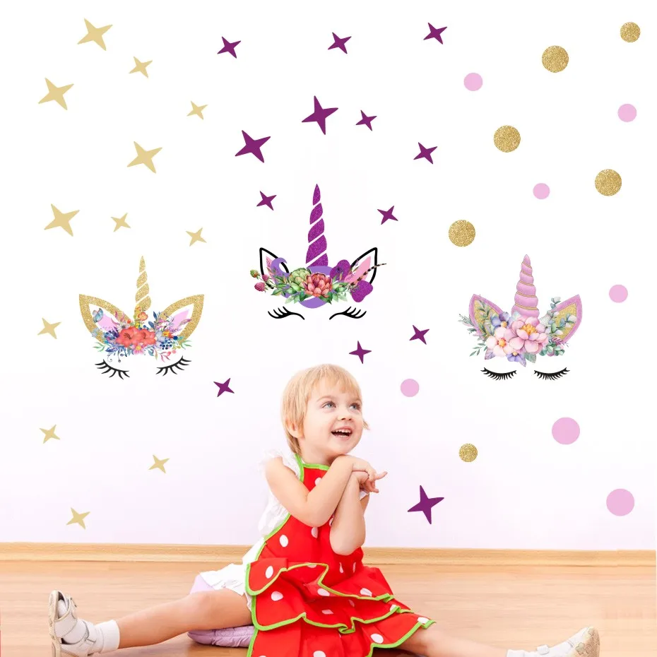 Цветные настенные наклейки в горошек с милым мультяшным единорогом для детской