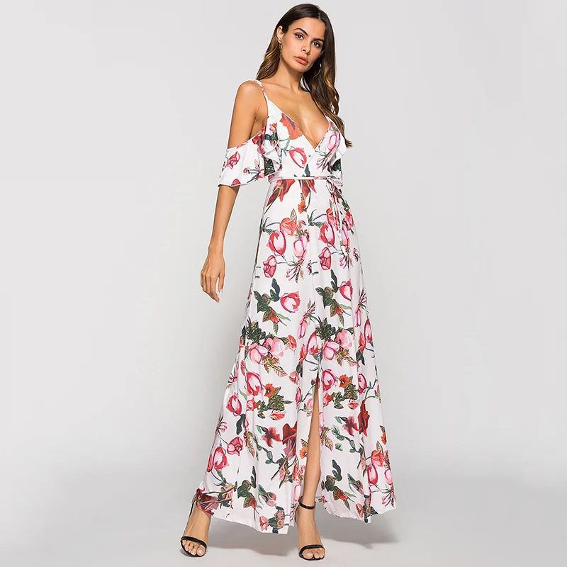 ESCALIER Women Summer Dress Elegant Dresses Long Spaghetti Strap V-neck High Waist Printed Maxi Vestidos Verano | Женская одежда