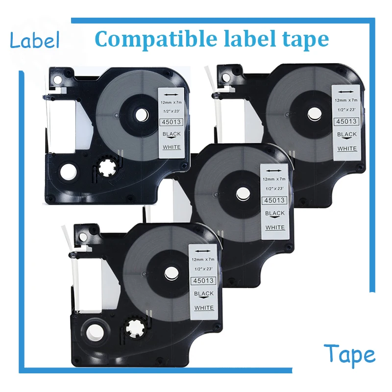 4pk DYMO D1 45013 S0720530 Labeling Tape 12mm Black on White Compatible for Dymo LabelManager 160, 210D, 260P, 450D