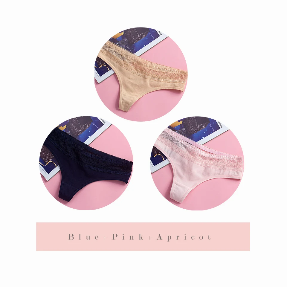 Blue Pink Apricot Сексуальные хлопковые стринги, бесшовное нижнее белье, женские трусы, трусики для женщин, кружевные V стринги, низкая посадка, трусики бикини, нижнее белье, 3 шт - Цвет: Blue Pink Apricot
