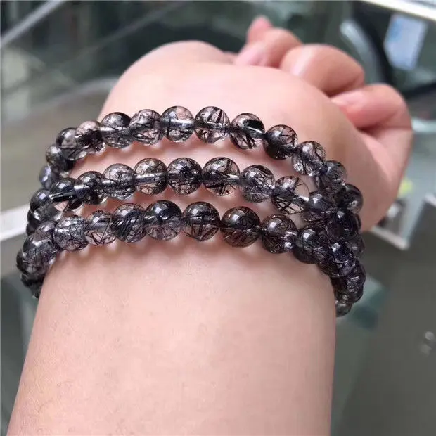 

3rows Natural Black Rutilated Quartz Titanium Crystal Beads Bracelet 6mm AAA