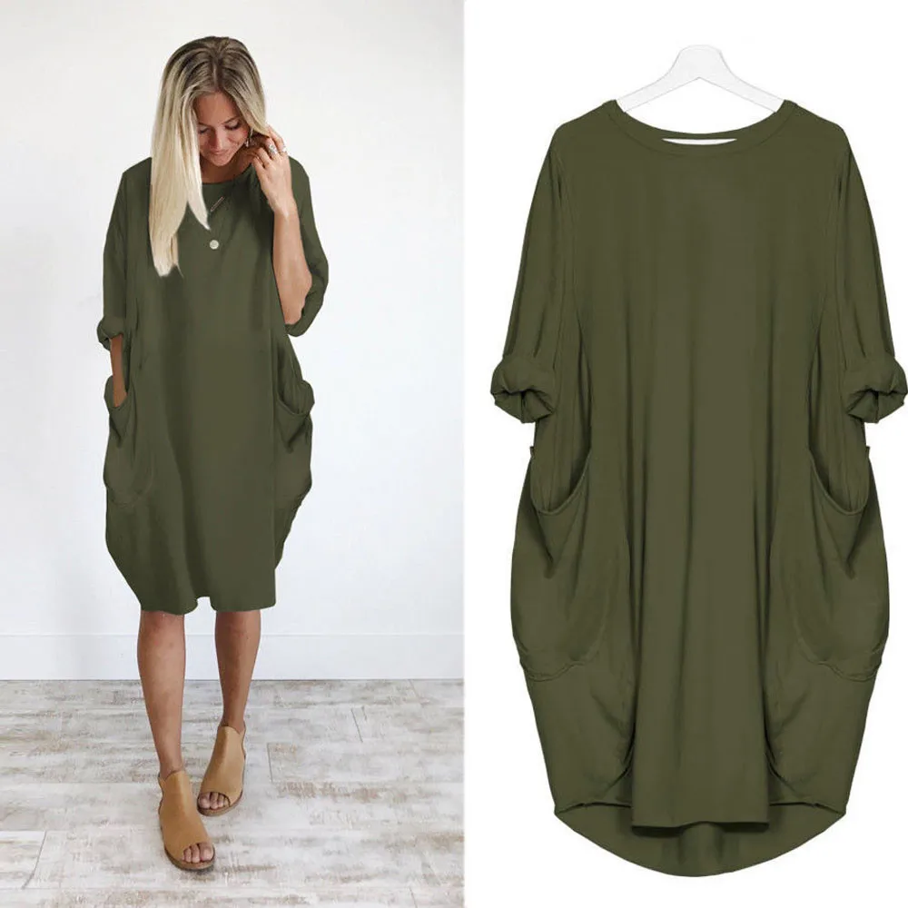 

Women Casual Dress Pocket Loose Long Sleeve Irregular Dress Ladies Crew Neck Casual Long Tops Dress Plus Size