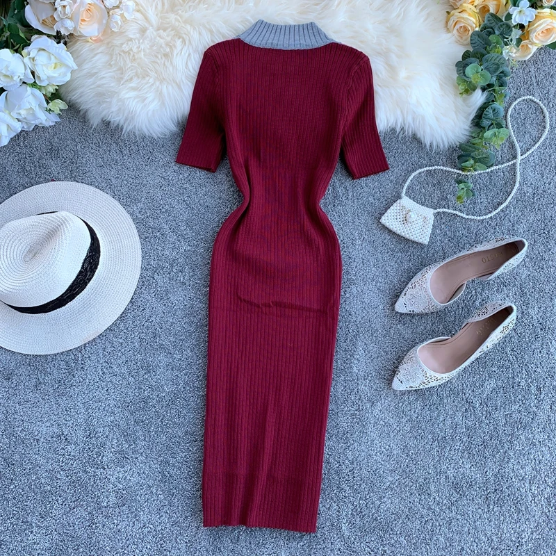 Vintage Slim Zipper Knitted Patchwork Summer Autumn Bodycon Midi Dress Party Women Pencil Knee Length Office Sheath dresses