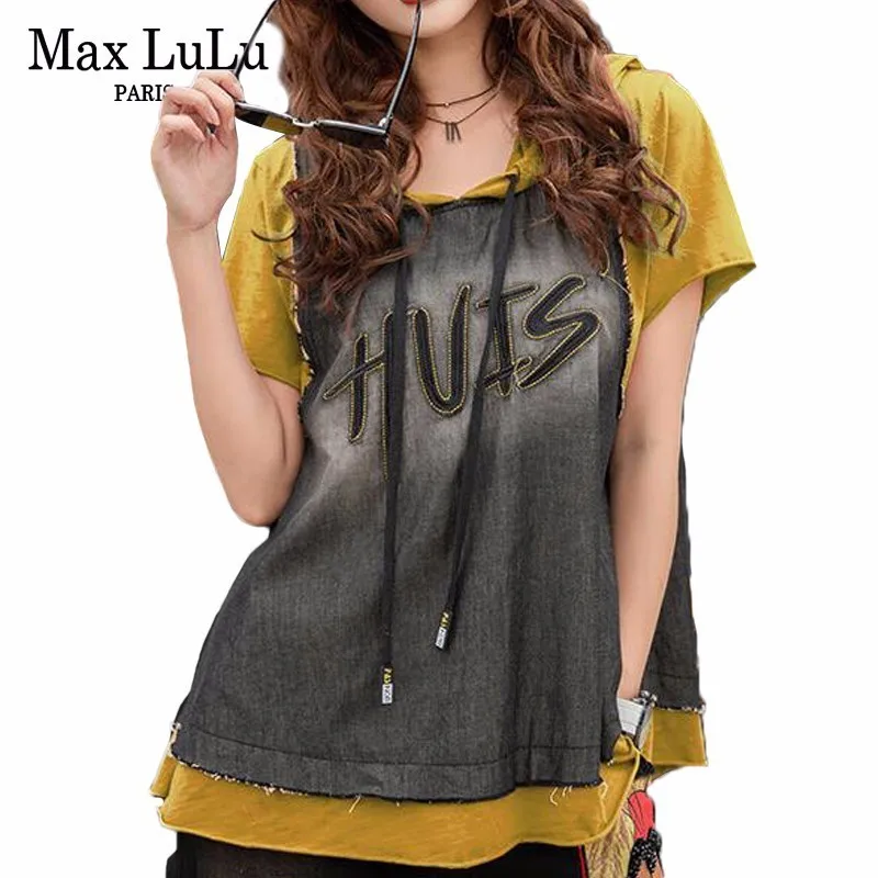 Max LuLu Корейский Роскошный стиль женские джинсовые летние топы женские вышивка с капюшоном футболки в стиле Панк Винтаж Повседневная футболка уличная одежда