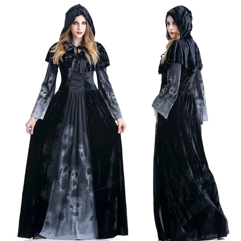 

Adult Women Witch Dress Ghost Skull Print Devil Black Floor Length Fancy Dress For Women Vampire Halloween Party Sexy Costumes