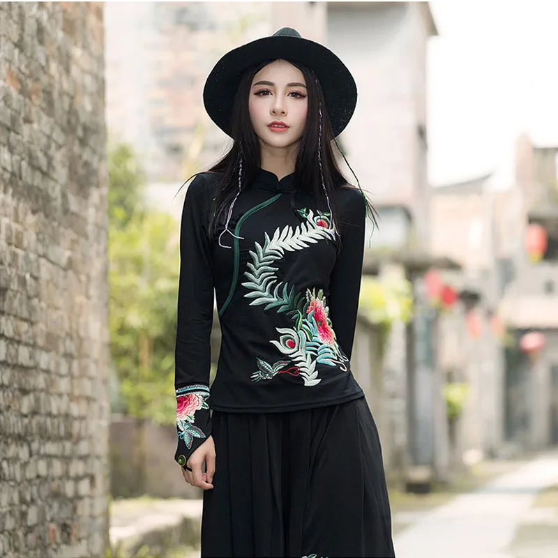 2018 Spring Autumn Black National Embroidered Feather Large Flower Pattern Long-sleeved Shirt women's t-shirt Tops Womens | Женская