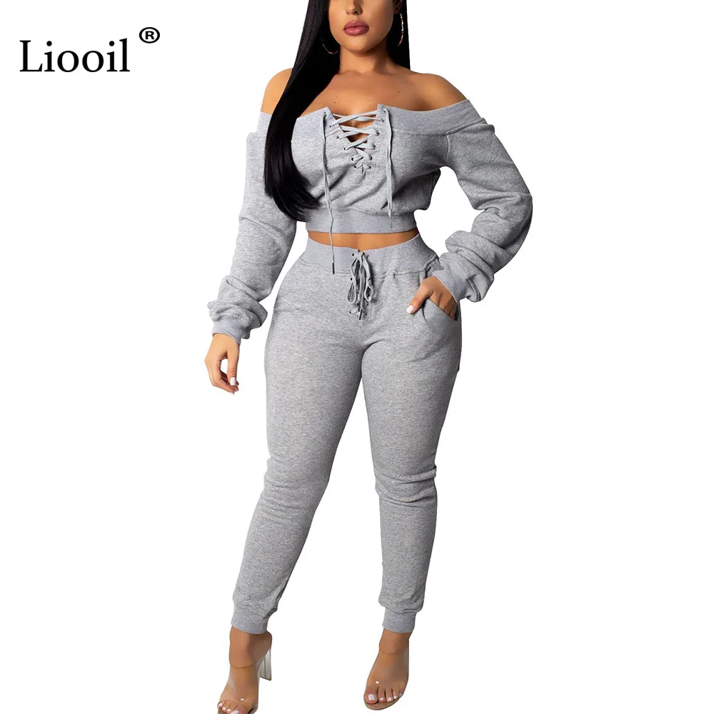 Liooil Off Shoulder 2pcs Active Set Women Outfits Sweatshirt Long Sleeve Crop Top And Pants Lace-Up Track Suits Woman Sets
