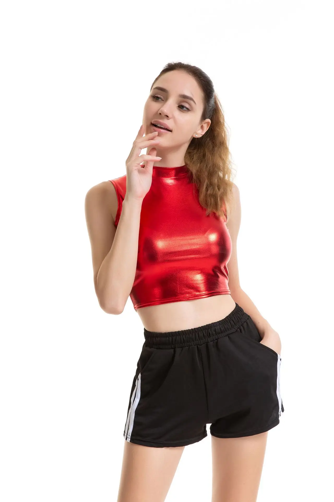 Женские с мокрым эффектом imitaion кожа Танк Bralette Топы женские короткие укороченный топ Feminino рукавов Сексуальная Bodycon