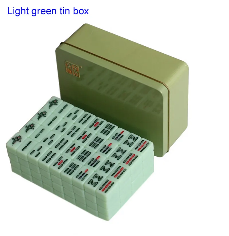 Light green with mat 20*14 мм Мини китайского Маджонга плитки 144 шт./компл. жестяная коробка для упаковки Портативный путешествия маджонг F276 - Цвет: Light green with mat