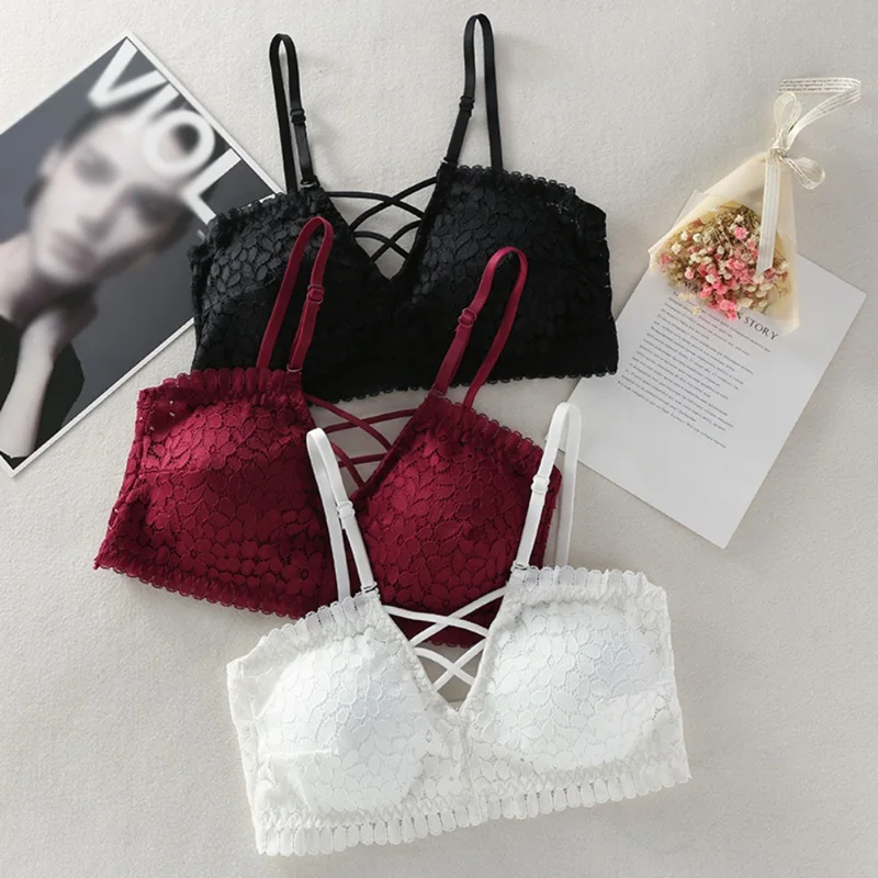 

Sexy Women Lace Bralette Wireless Bra Cross Beauty Back Bra Lace Embroidered Tube Top