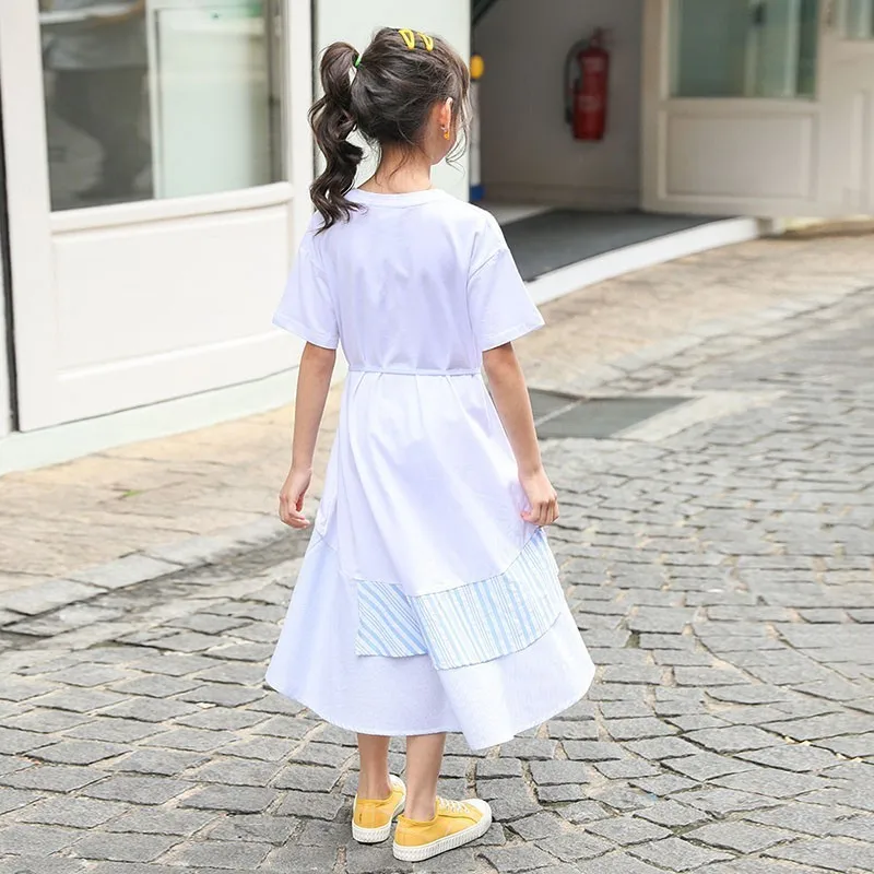 England Style White Blue Ruffles Patchwork A Line Dresses For Baby Big Girls Belt Knee Length Cotton Summer Party Dress Clothes | Детская