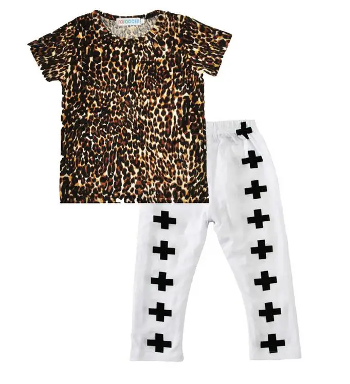 4sets/lot Autumn Baby Kids Set Leopard Cross T Shirt Pant Twinset Short Sleeve Children Clothing girl Sets 3-24M sylvia sis | Детская