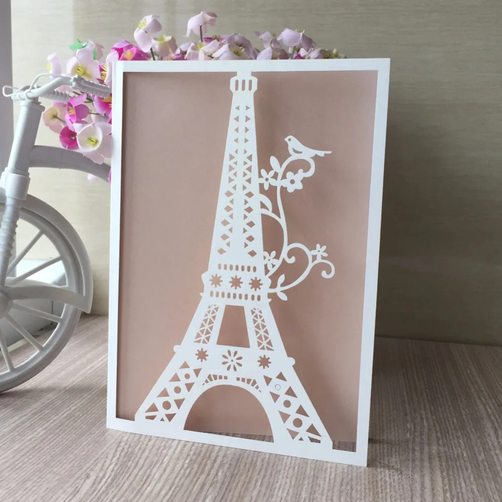 

50pcs/lot Laser Cut Pearl paper Eiffel Tower Marriage Wedding Invitation Card Party Birthday Greeting Card Best Wishes Cards