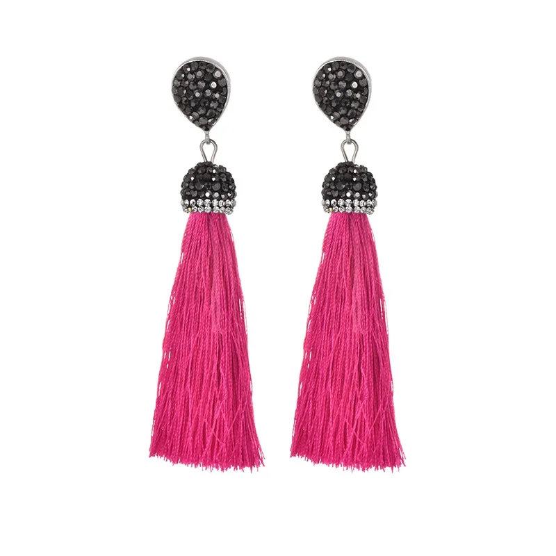 crystal rose red Ручная работа, 13 цветов, длинные серьги с кисточками в богемном стиле, винтажные черные, красные, розовые, белые, синие шелковые серьги-гвоздики с кристаллами для женщин, ювелирные изделия - Окраска металла: crystal rose red