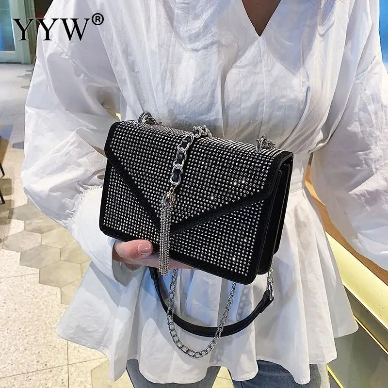 New Fashion Pu Leather Shoulder Bag Women Tassels Crossbody Bling Shining Rhinestone Rivet Cross Body Travel | Багаж и сумки