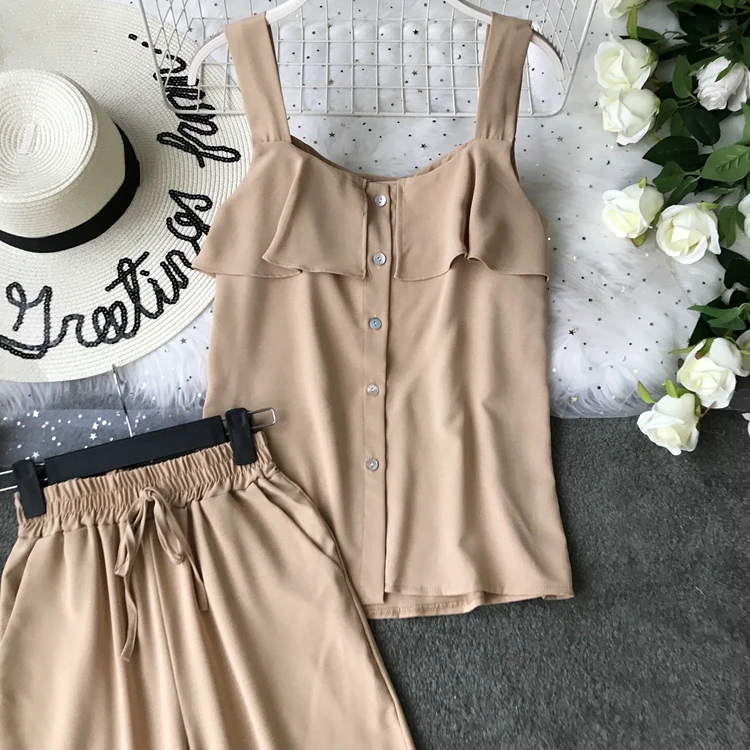 ALPHALMODA/ летний однобортный Топ с оборками+ широкие брюки, Женский повседневный комплект из 2 предметов, женские летние однотонные штаны, костюмы