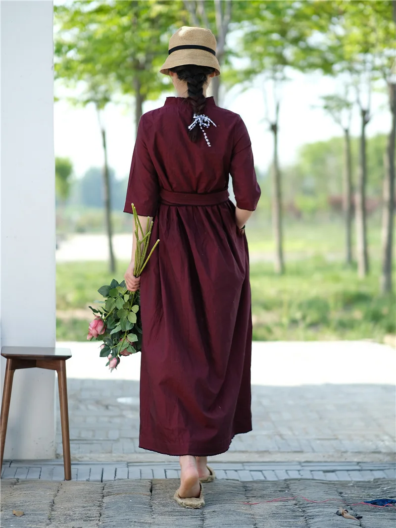 Origional Summer Cotton Linen Vintage Cotton V-neck Belt Small Loose Dress